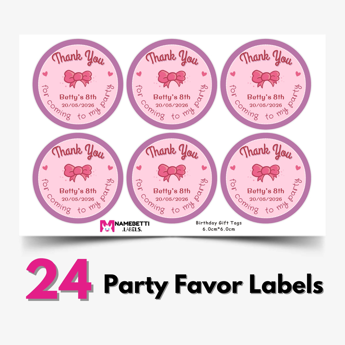 Birthday Party Favor Labels - Pretty Pink Bows