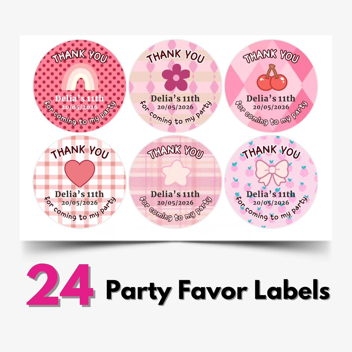 Birthday Party Favor Labels - Pretty Pink & Red