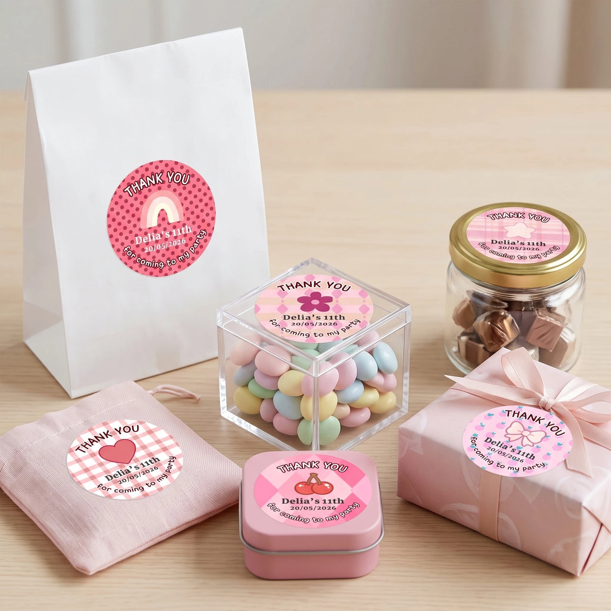 Birthday Party Favor Labels - Pretty Pink & Red